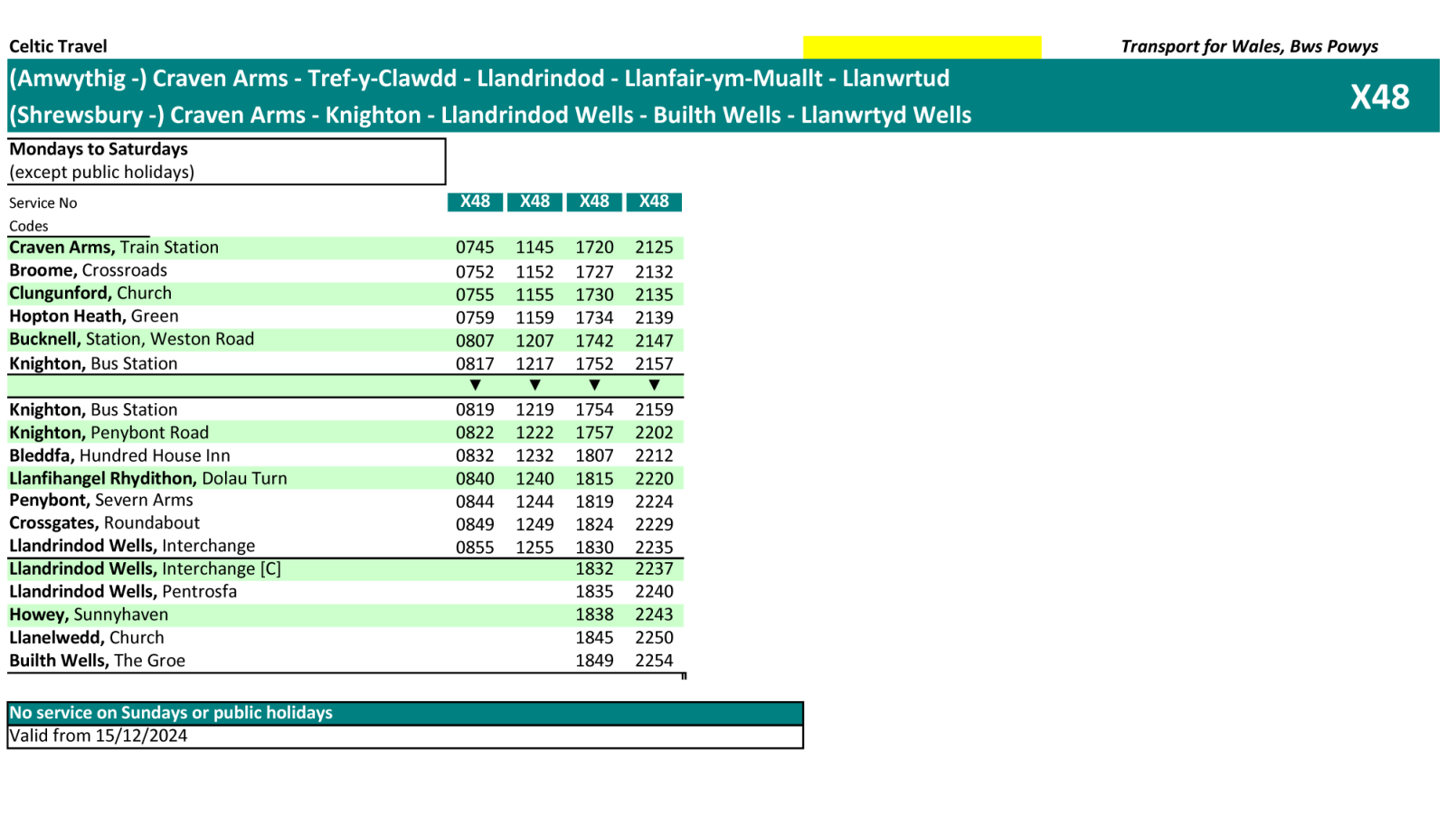 X48 Bus Service Shrewsbury Craven Arms Knighton Llandrindod Wells Builth Wells Llanwrtyd Wells