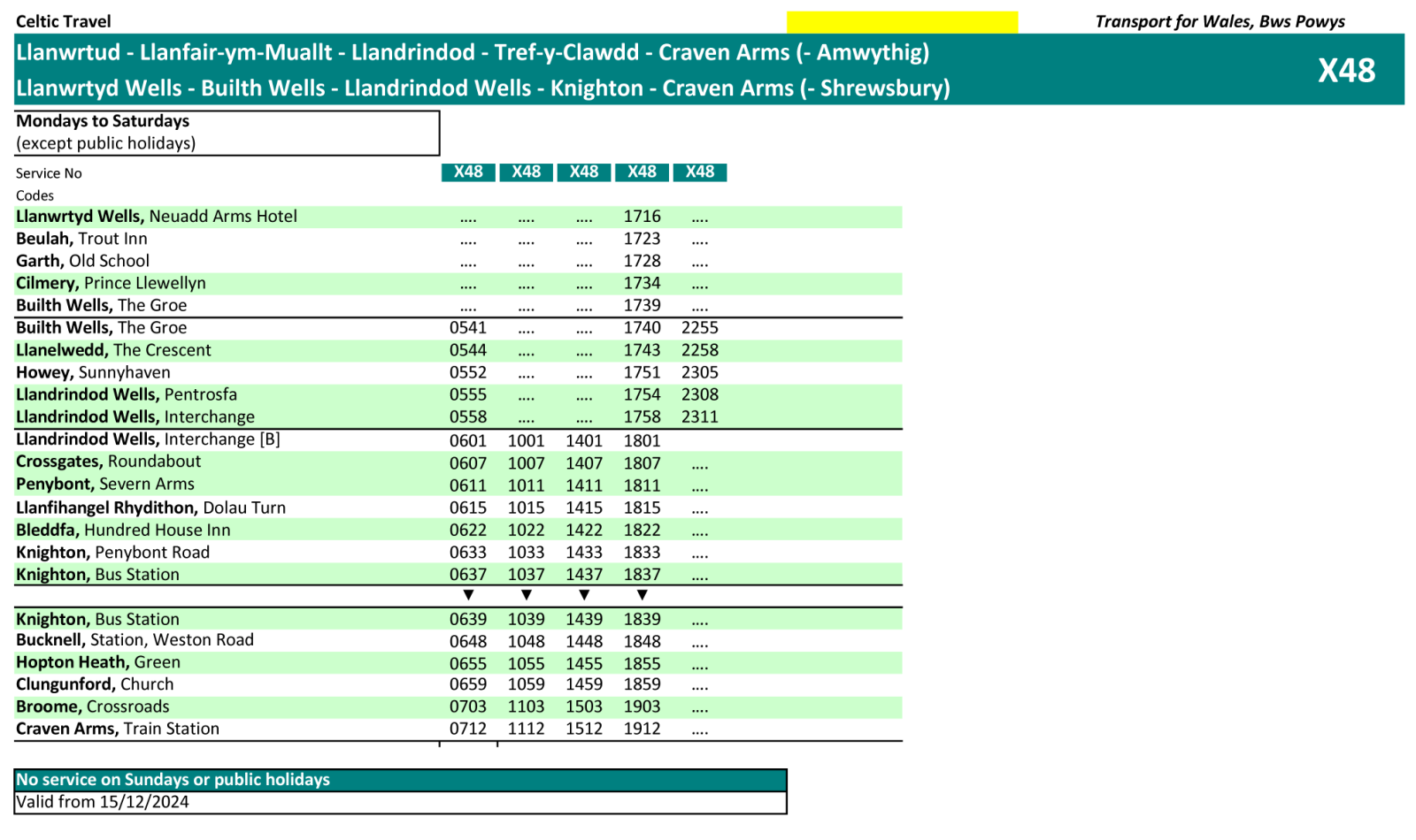 X48 Bus Service Llanwrtyd Wells Builth Wells Llandrindod Wells Knighton Craven Arms Shrewsbury